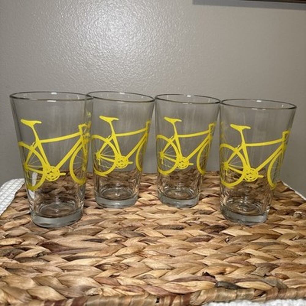 Vintage Yellow Bicycle Drinking Pint Glasses Set of 4 Tumblers Retro Bike 5.7”